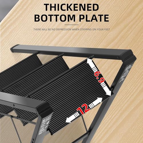 TRADY Aluminium 3 Step Ladder, Black Folding Ladder Stool, Wider Upgraded Non-Slip Treads, Portable Lightweight Ladder For Home And Kitchen, Holds Up To 150 Kg Lbs. - Image 5