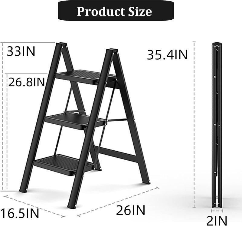 TRADY Aluminium 3 Step Ladder, Black Folding Ladder Stool, Wider Upgraded Non-Slip Treads, Portable Lightweight Ladder For Home And Kitchen, Holds Up To 150 Kg Lbs. - Image 2