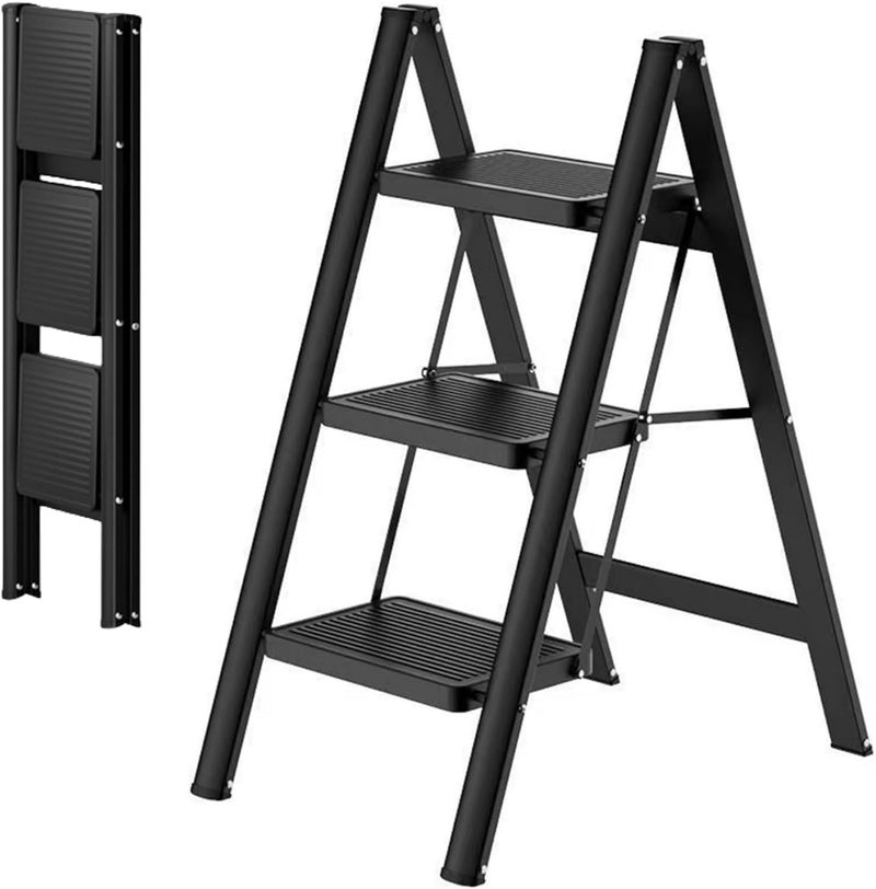TRADY Aluminium 3 Step Ladder, Black Folding Ladder Stool, Wider Upgraded Non-Slip Treads, Portable Lightweight Ladder For Home And Kitchen, Holds Up To 150 Kg Lbs. - Image 1