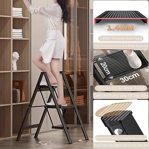 TRADY Aluminium 3 Step Ladder, Black Folding Ladder Stool, Wider Upgraded Non-Slip Treads, Portable Lightweight Ladder For Home And Kitchen, Holds Up To 150 Kg Lbs. - Image 3
