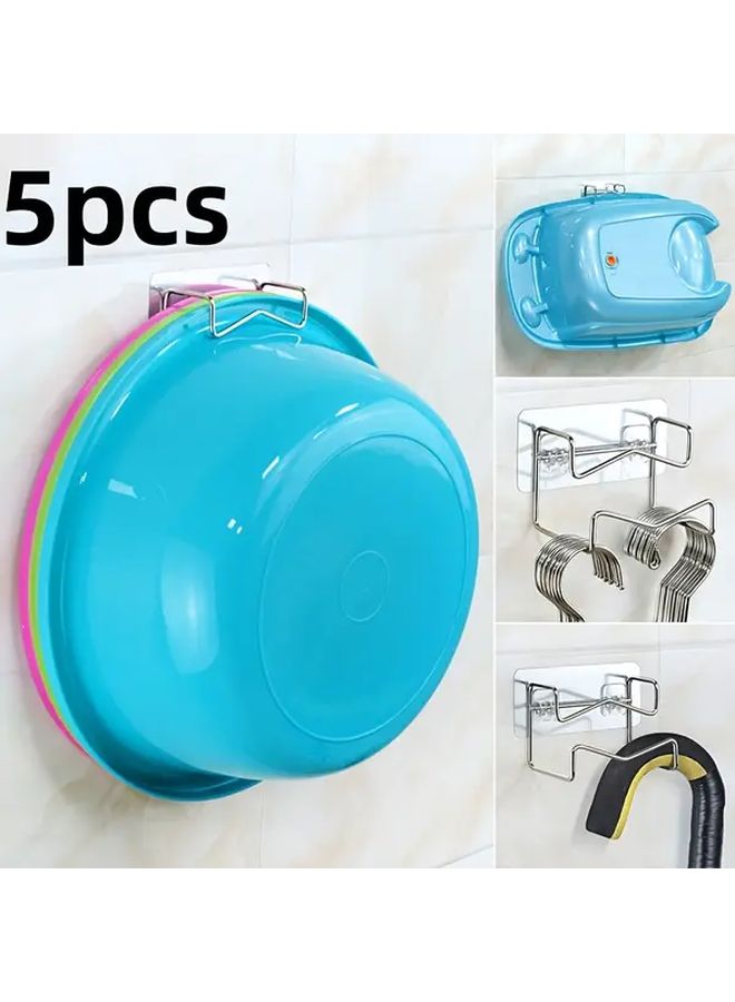 5pcs Stainless Steel Adhesive Hooks Scratch Free Bathroom Wall Mounted Space Saving - Image 1