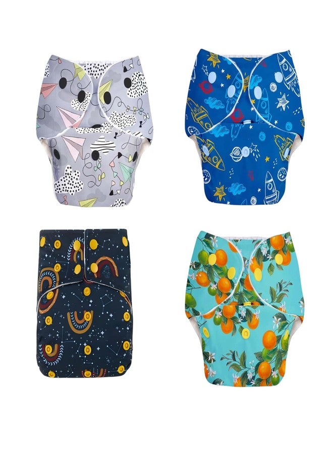MOMSARC Assorted Pack of 4, Washable Cotton Diaper for New Born, 4 Cloth Diapers + 4 Insert Pads, Freesize Adjustable and Reusable Cloth Diaper for babies 0-3 Year, Multicolor Cloth Nappy for Newborn - Image 1