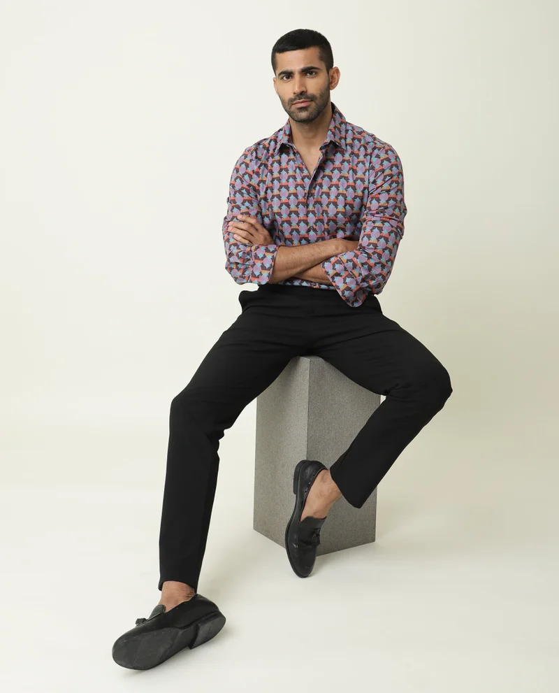رير رابِت Rare Rabbit Men's Coret Multi Cotton Fabric Geometric Print Full Sleeves Shirt