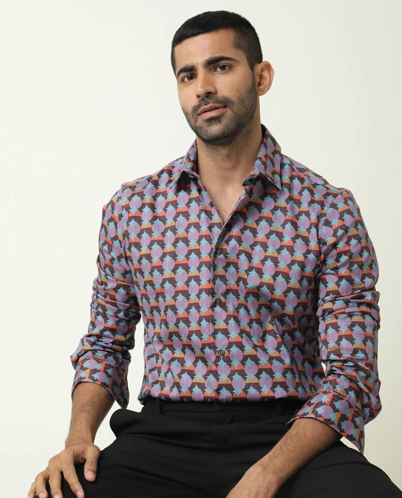 رير رابِت Rare Rabbit Men's Coret Multi Cotton Fabric Geometric Print Full Sleeves Shirt