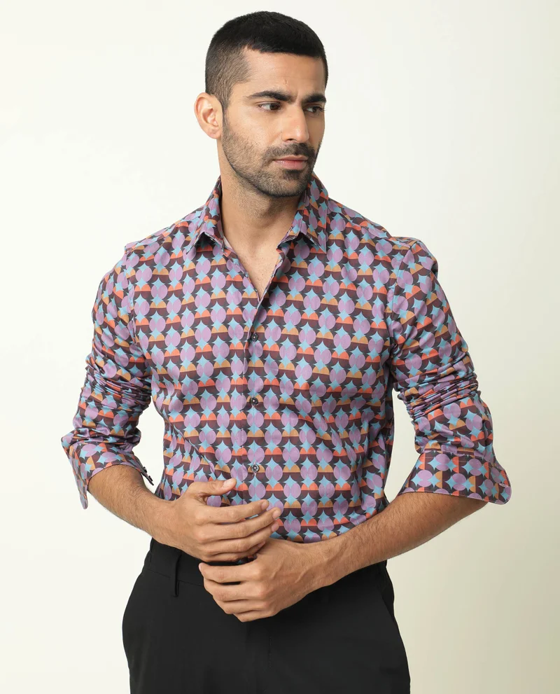 Rare Rabbit Rare Rabbit Men's Coret Multi Cotton Fabric Geometric Print Full Sleeves Shirt