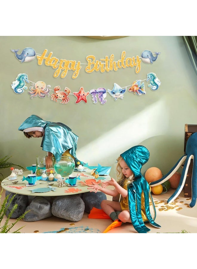 SYOSI Ocean Birthday Banner, Under the Sea Party Decorations, Shark and Whale Themed Party Supplies with Marine Life Designs, for Beach Party, Nautical Celebration, Kids Summer Birthday Decor (Blue) - Image 4