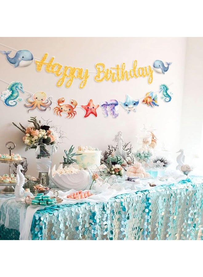 SYOSI Ocean Birthday Banner, Under the Sea Party Decorations, Shark and Whale Themed Party Supplies with Marine Life Designs, for Beach Party, Nautical Celebration, Kids Summer Birthday Decor (Blue) - Image 2