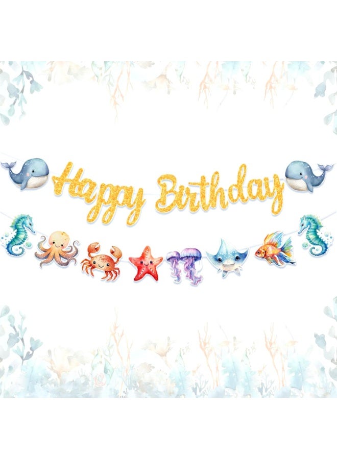 SYOSI Ocean Birthday Banner, Under the Sea Party Decorations, Shark and Whale Themed Party Supplies with Marine Life Designs, for Beach Party, Nautical Celebration, Kids Summer Birthday Decor (Blue) - Image 1