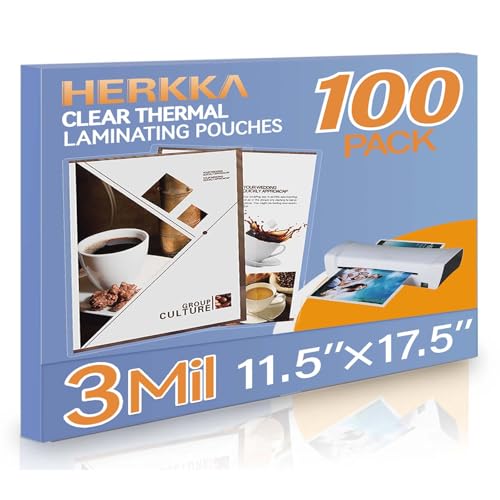HERKKA 100 Pack Laminating Sheets, Hold 11 x 17 Inch Sheet, 3 Mil Clear Thermal Laminating Pouches 11.5 x 17.5 Inch Lamination Sheet Paper for Laminator, Round Corner - Image 1