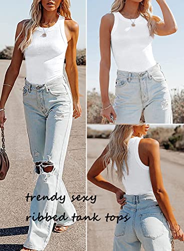 Samefar Womens Juniors Cute Knit Slim Sleeveless Tops Racerback Basic Solid Ribbed Ruched Tank Tops Vest Blouses White M - Image 5