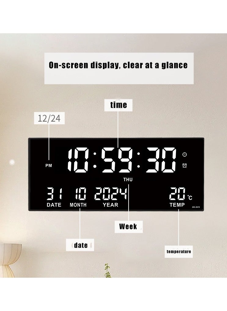 Digital Wall Clock Large Display, 16.93 Inch Large Wall Clocks, LED Digital Clock with for Living Room Decor, Big Clock with Date Week Temperature USB powered Built-in Button Battery Has Memory Function After Power Failure, Time Data Will not Be Lost, Including 8 Daily Alarms