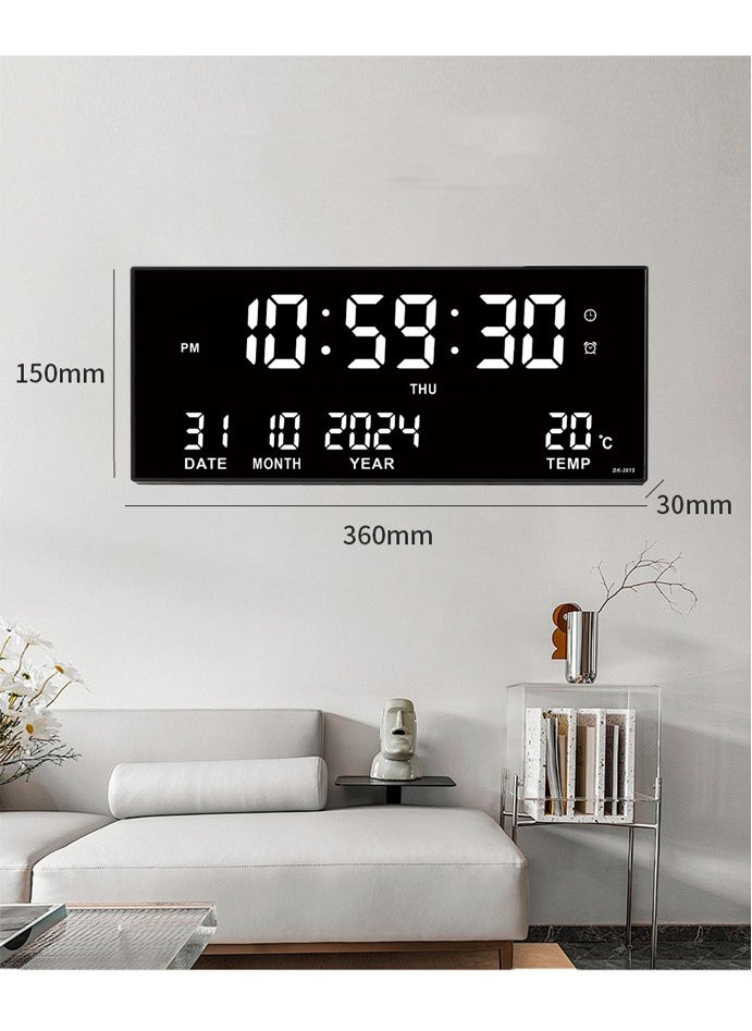 Digital Wall Clock Large Display, 16.93 Inch Large Wall Clocks, LED Digital Clock with for Living Room Decor, Big Clock with Date Week Temperature USB powered Built-in Button Battery Has Memory Function After Power Failure, Time Data Will not Be Lost, Including 8 Daily Alarms