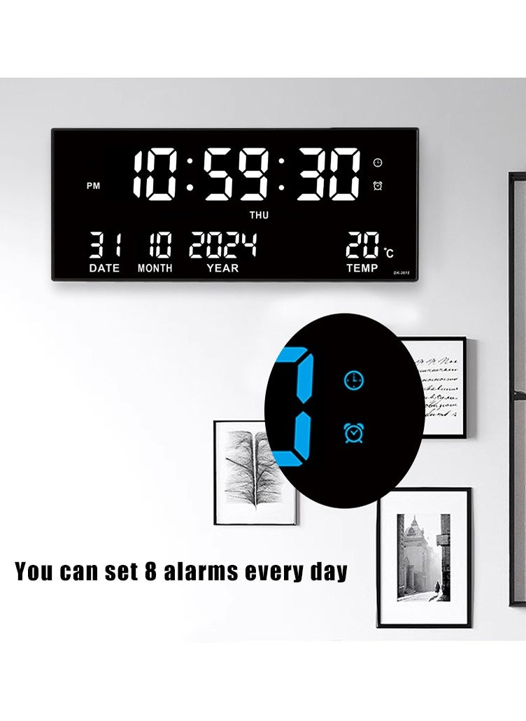 Digital Wall Clock Large Display, 16.93 Inch Large Wall Clocks, LED Digital Clock with for Living Room Decor, Big Clock with Date Week Temperature USB powered Built-in Button Battery Has Memory Function After Power Failure, Time Data Will not Be Lost, Including 8 Daily Alarms