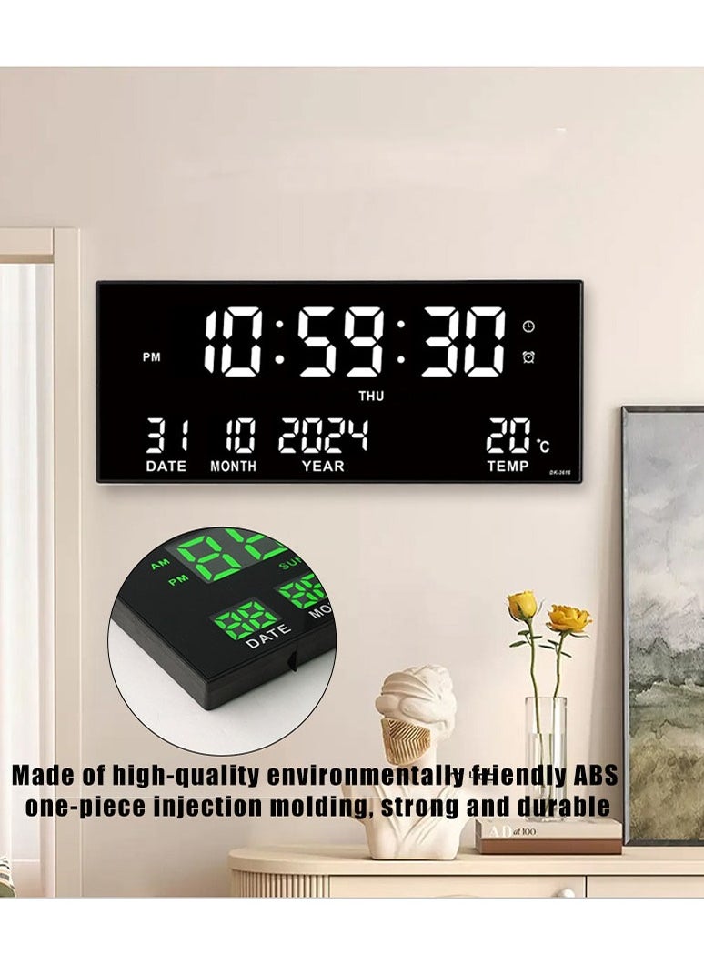 Digital Wall Clock Large Display, 16.93 Inch Large Wall Clocks, LED Digital Clock with for Living Room Decor, Big Clock with Date Week Temperature USB powered Built-in Button Battery Has Memory Function After Power Failure, Time Data Will not Be Lost, Including 8 Daily Alarms
