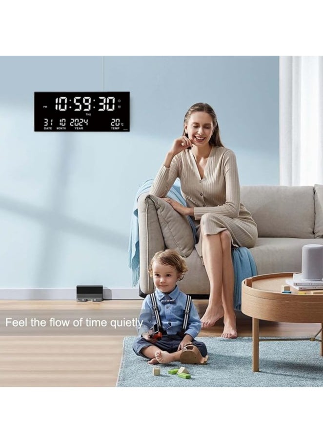 Digital Wall Clock Large Display, 16.93 Inch Large Wall Clocks, LED Digital Clock with for Living Room Decor, Big Clock with Date Week Temperature USB powered Built-in Button Battery Has Memory Function After Power Failure, Time Data Will not Be Lost, Including 8 Daily Alarms