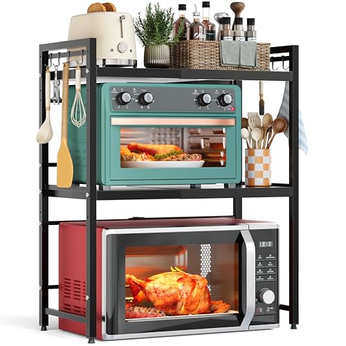 NETEL Expandable Microwave Stand3 Tier Metal Kitchen Countertop Organizer Shelves with 8 HooksBakers RackMicrowave ShelfMicrowave Oven Rack110lbs Weight Capacity - Image 1
