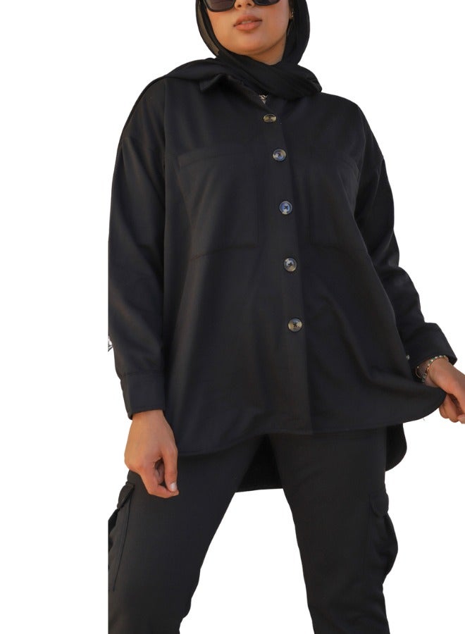 Qudra Melton Black Shirt Cotton 100%  - Image 1