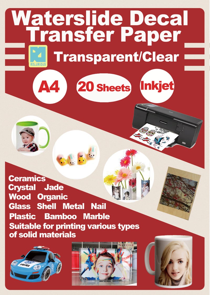Rolurious Waterslide Decal Paper 20 Sheets Inkjet Clear Printable A4 Size Transparent Water Slide Transfer For Tumblers Mugs Glasses Wood - Image 1