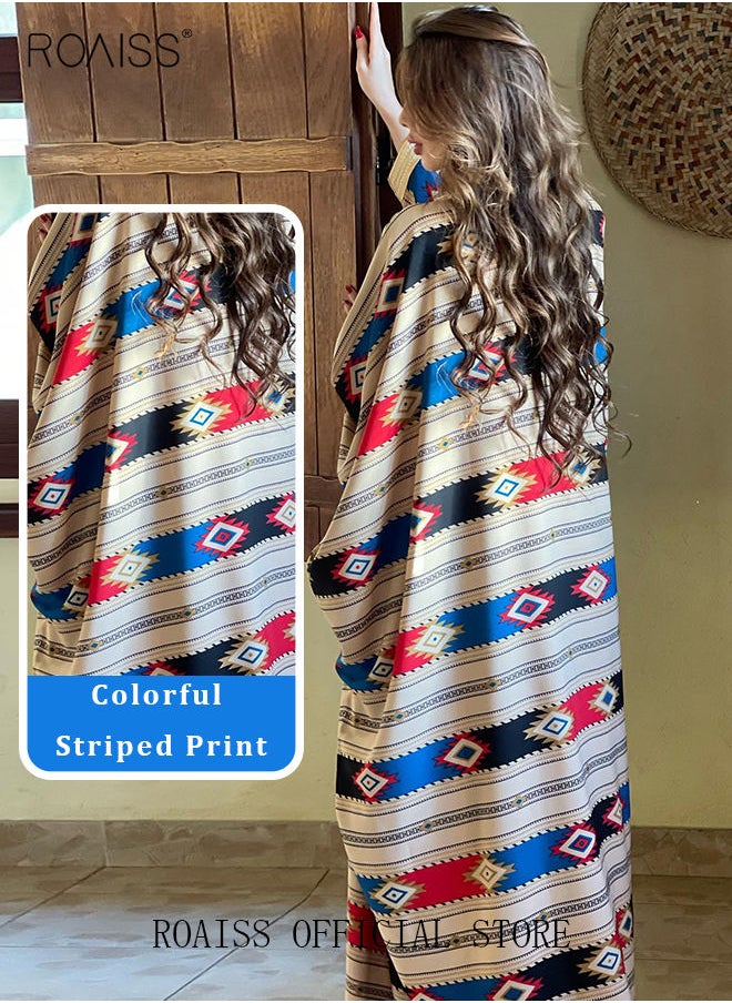 roaiss Women Muslim Abaya Dress Set Colorful Geometric Stripes Print Moroccan Kaftan Dubai Arab Ladies Two Pieces Dolman Sleeve Long Dress  - Image 3
