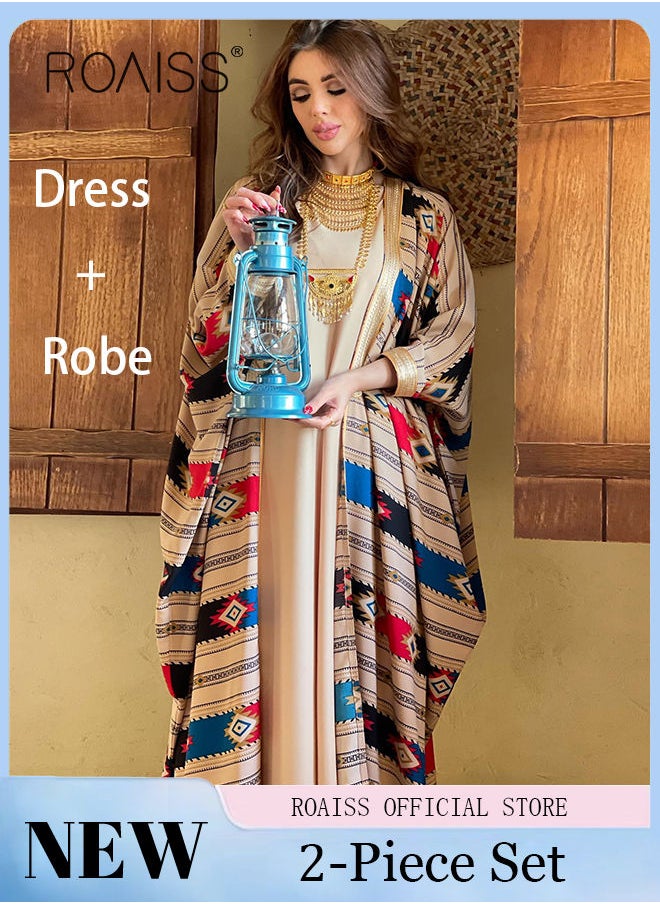 roaiss Women Muslim Abaya Dress Set Colorful Geometric Stripes Print Moroccan Kaftan Dubai Arab Ladies Two Pieces Dolman Sleeve Long Dress  - Image 1