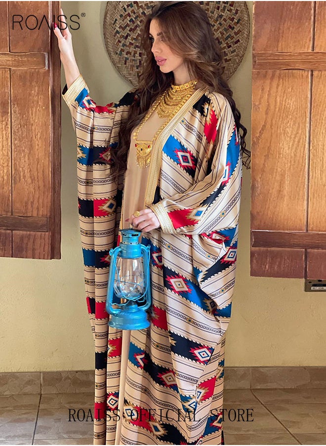 roaiss Women Muslim Abaya Dress Set Colorful Geometric Stripes Print Moroccan Kaftan Dubai Arab Ladies Two Pieces Dolman Sleeve Long Dress  - Image 2