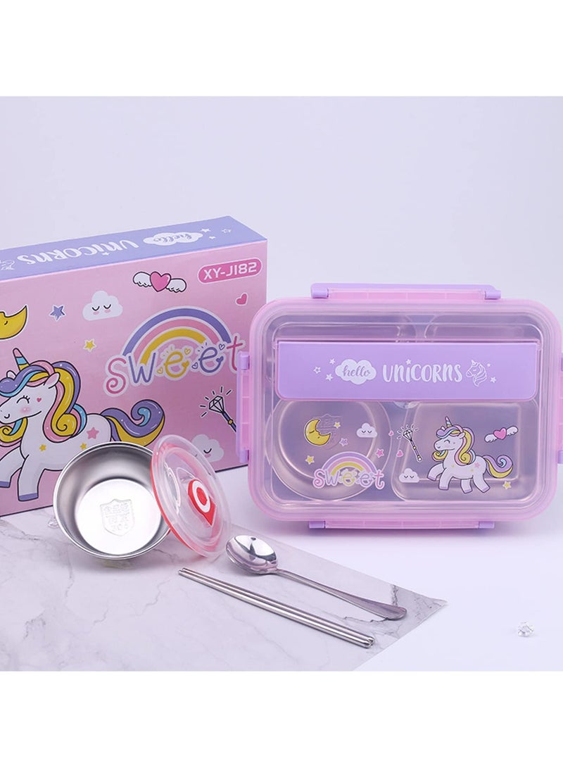 TOMSHOO Kids Lunch Box with Tableware,Customed for Kids Cartoon Bento Lunch Box，1100ml 4 compartment Insulated Lunch Box for Children | Leakproof | BFA Free | Dishwasher | Stainless Steel 26x20x7cm (Unicorn) - Image 1