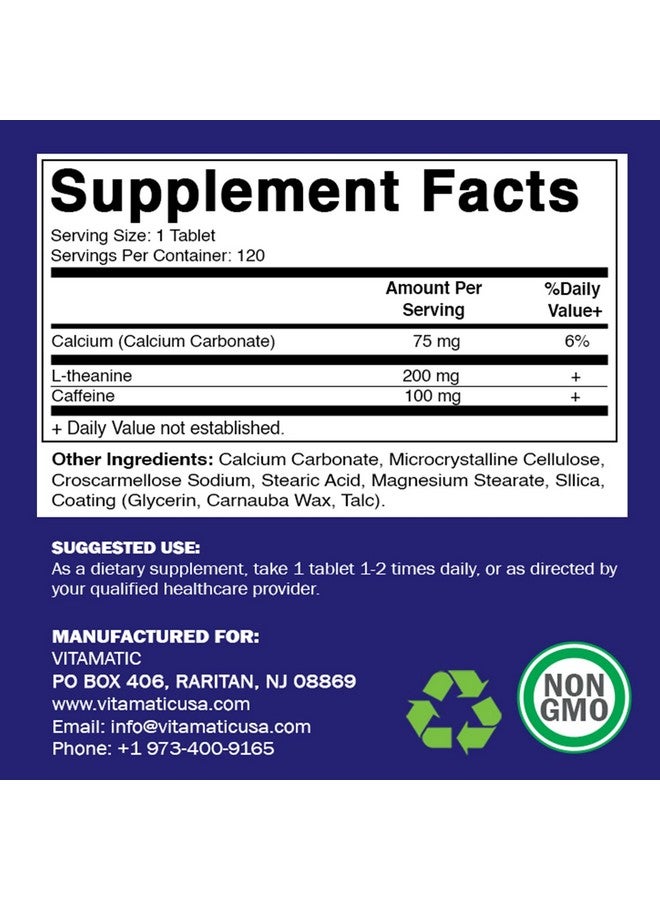 Vitamatic فيتاميناتيك L-ثيانين 200 ملغ مع كافيين 100 ملغ - 120 قرص نباتي مكمل نوتروبيك للطاقة المركزة والوضوح الذهني - Image 4
