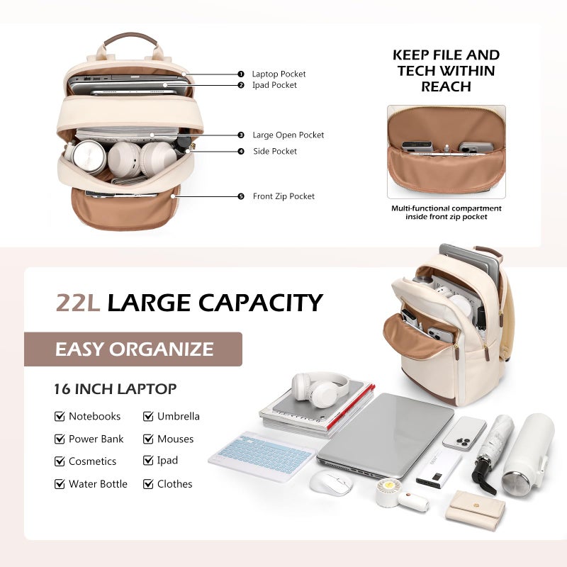 GOLF QUALITY Laptop Backpack for Women Travel Carry On Bag Weekender Business Multilayer Personal Item Backpack,16 Inch,WApricot - Image 3