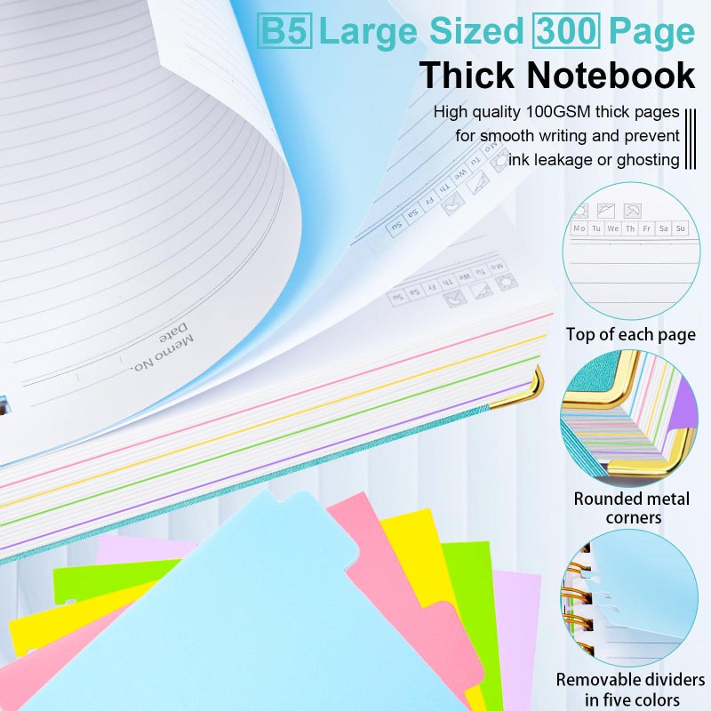 GDGDSY Hardcover Spiral Notebook 8"x10" Journal Notebook with Tabs and Removable Dividers 300 Pages 5 Subject Notebook College Ruled, Faux Leather Spiral Bound Notebook for Women School Work (Blue) - Image 4
