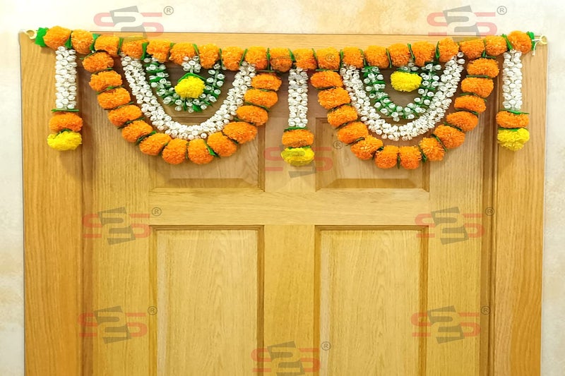 S2S Artificial Marigold & Mogra Flower Triple Layered Door Toran for Main Door, Hanging Toran for Festive Decorations, Doorway Leaves Toran (Orange & White) (Pack of 1) (Length - 40 Inch) - Image 1