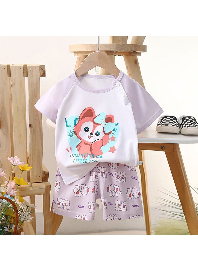 Girls Summer Short sleeve T-shirt two-piece set,Cartoon Little Fox Printed Short Sleeve and Shorts,Two Piece set,Girl T-Shirt Set - Image 1