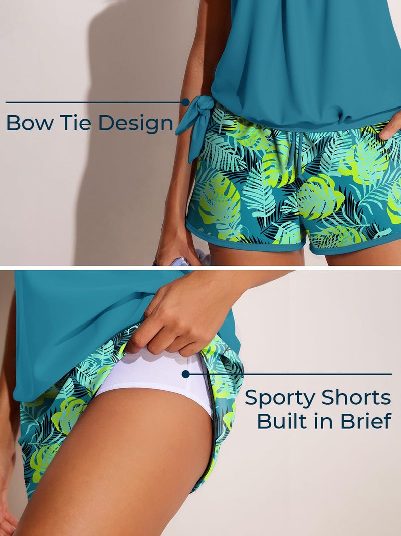 Summer Mae Blouson Womenâ€™s Tankini Swimsuits with Shorts Tummy Control Bathing Suits Side Pockets Tropical Green Leaves Medium 2026 - Image 4