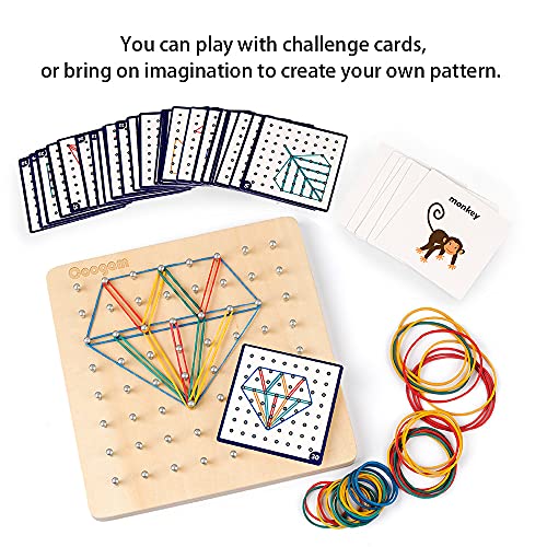 Coogam Wooden Geoboard Mathematical Manipulative Material Array Block Geo Board – Graphical Educational Toys with 30Pcs Pattern Cards and Latex Bands Shape STEM Puzzle Matrix 8x8 Brain Teaser for Kid - Image 2