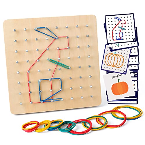 Coogam Wooden Geoboard Mathematical Manipulative Material Array Block Geo Board – Graphical Educational Toys with 30Pcs Pattern Cards and Latex Bands Shape STEM Puzzle Matrix 8x8 Brain Teaser for Kid - Image 1