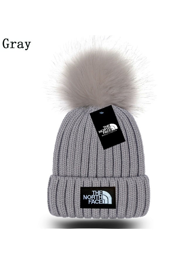 ذا نورث فيس The North Face Gray Plush Knitted Beanie – Featuring Fluffy Pom-Pom, Rib Knit Design and Signature Brand Patch