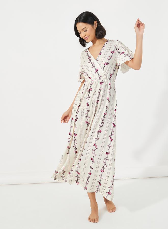 Styli Linear Floral Print Wrap Over Nightdress  - Image 1
