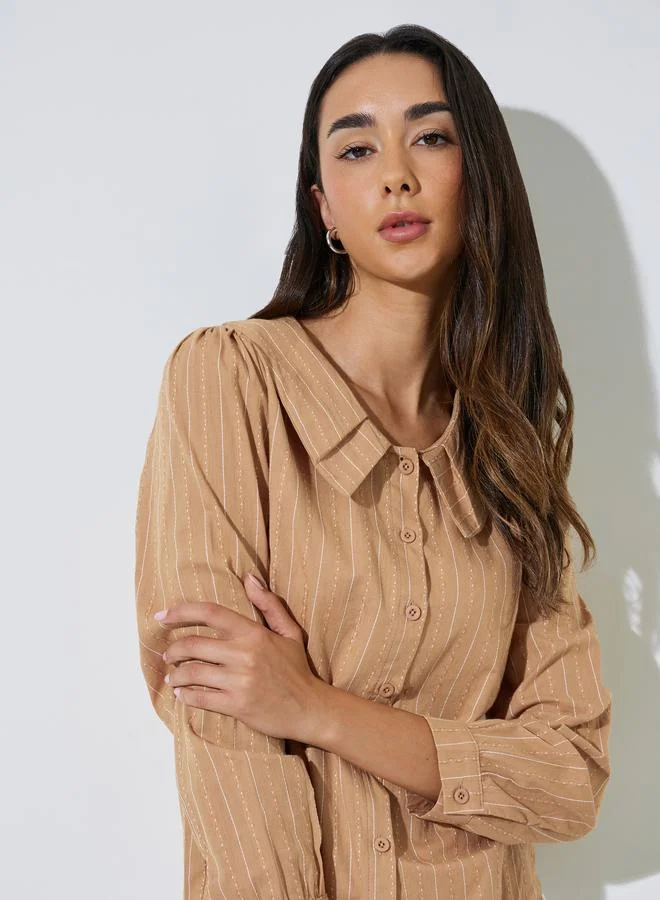 Styli Brown Textured Peter Pan Collar Shirt