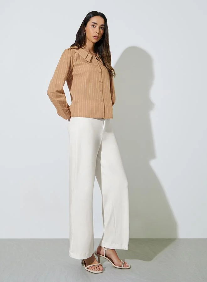 Styli Brown Textured Peter Pan Collar Shirt