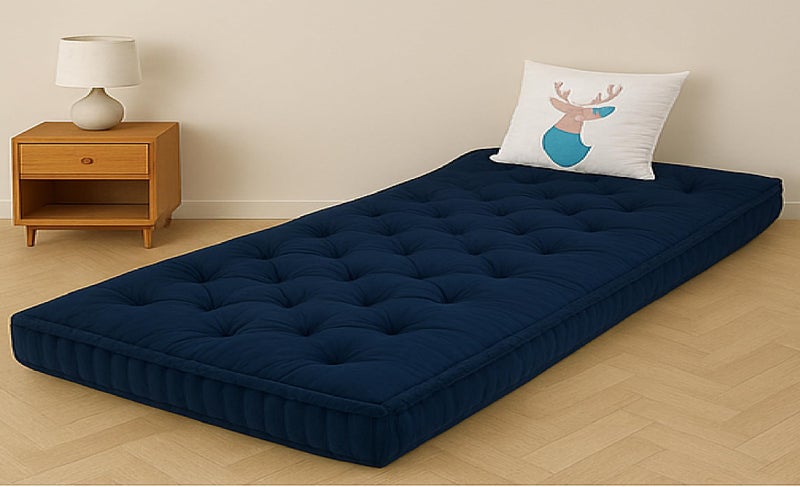 ATOOTFUSION Cotton Floor Mattress, 4 inch Thick Tufted Cushion, 72 x 30 inch, Foldable, Rollable Light Weight Cotton Mattress (Navy Blue) - Image 1