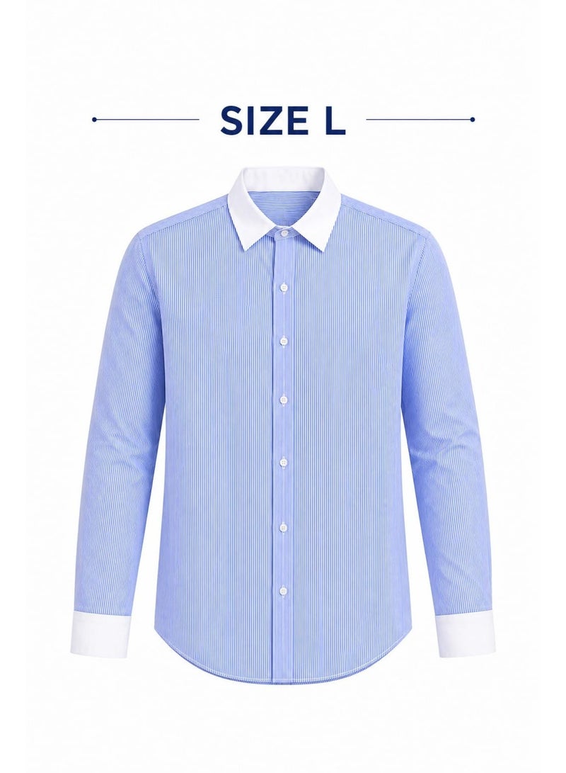 ZARA Women's Light Blue and White Striped Long Sleeve Shirt, Contrast White Collar and Cuffs, Classic Button Down Formal Casual Blouse, Elegant Women's Top, Size L - Image 2