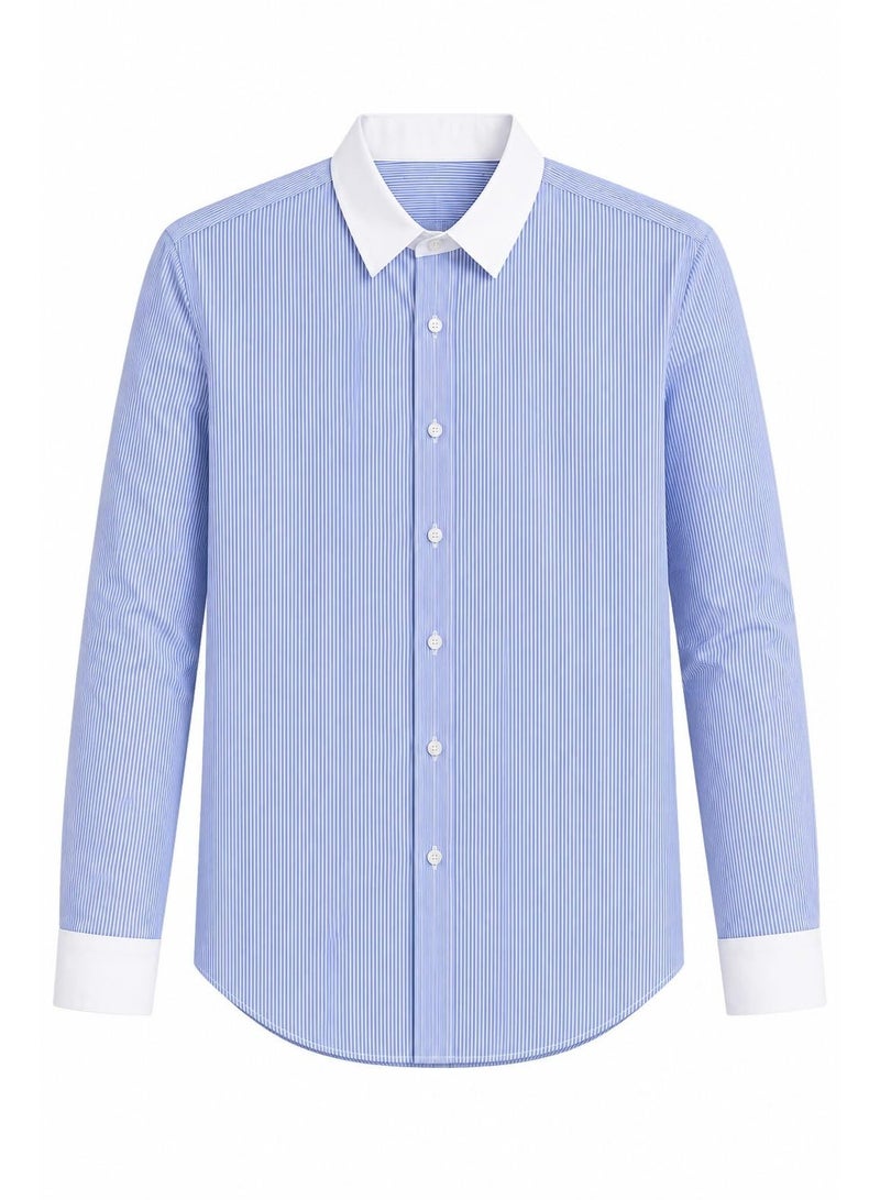 ZARA Women's Light Blue and White Striped Long Sleeve Shirt, Contrast White Collar and Cuffs, Classic Button Down Formal Casual Blouse, Elegant Women's Top, Size L - Image 1