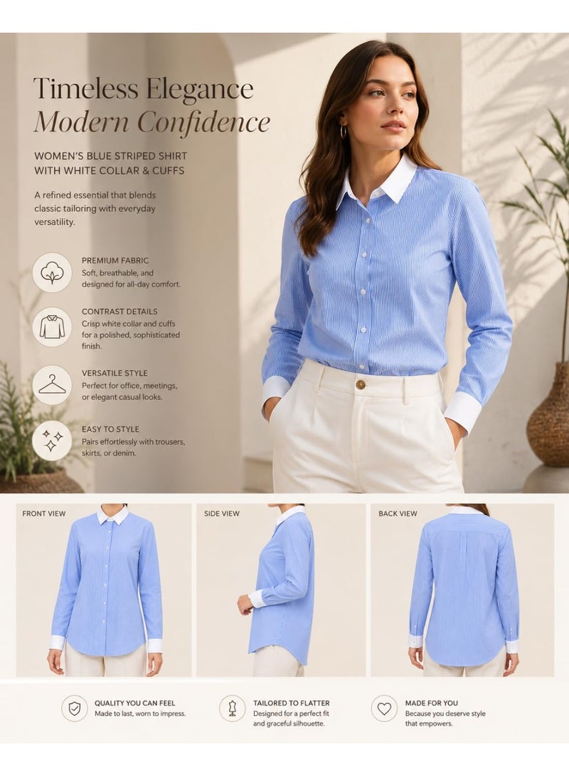 ZARA Women's Light Blue and White Striped Long Sleeve Shirt, Contrast White Collar and Cuffs, Classic Button Down Formal Casual Blouse, Elegant Women's Top, Size L - Image 3