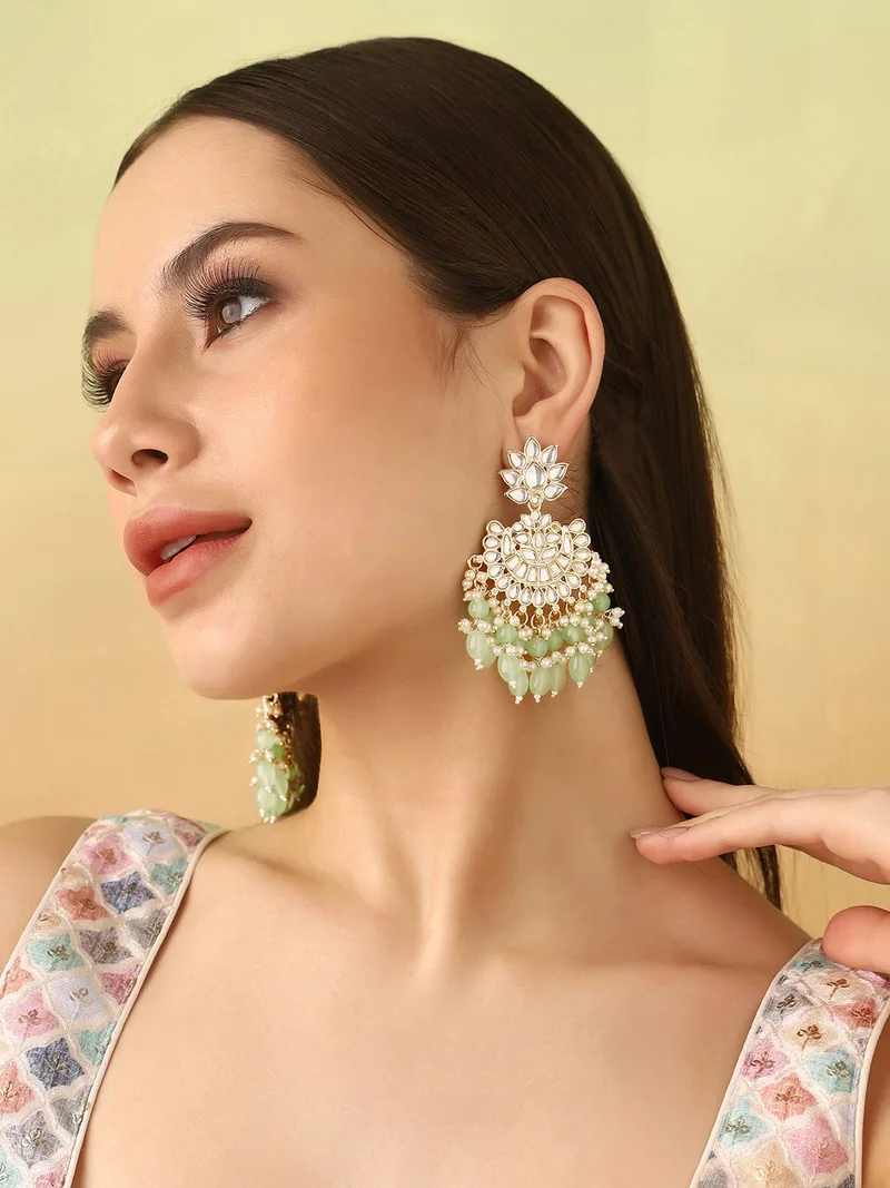 Priyaasi Kundan Studded Beads Beaded Crescent Shaped Chandbalis