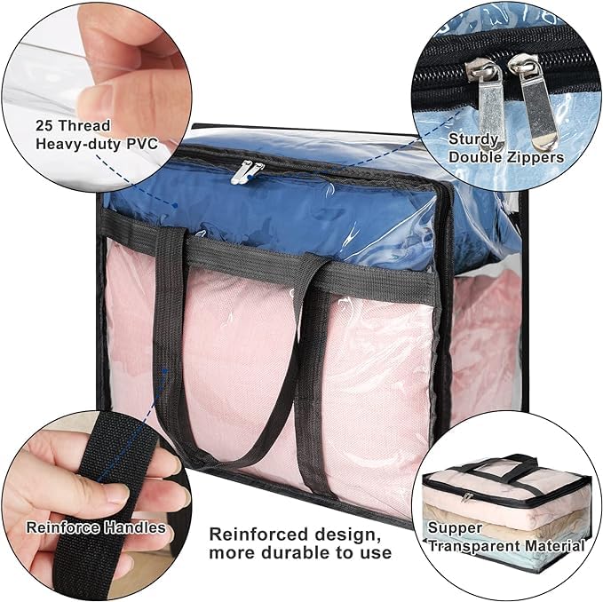 ECHSRT ECHSRT 2 Pack Clear Clothes Storage Bags Organizers with Sturdy Zippers Reinforced Handle Moving Totes for Comforters Blankets Linen Bedding Duvet Transparent Space Saver Containers Black  - Image 3