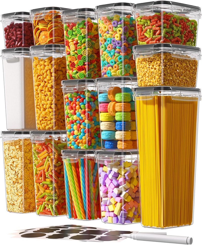 KEMETHY Airtight Food Storage Containers with Lids, 15 PCS Kitchen and Pantry Organization Canisters, BPA-Free, PVC-Free, Food-grade Plastic Leak-proof Jars for Cereal, Flour, Sugar, Extra 24 Labels & Marker - Image 1