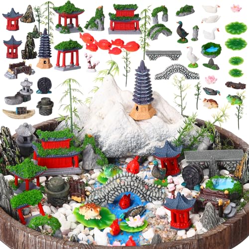Canlierr 58 Pcs Miniature Garden Set, Fairy House Diorama Accessories Rockery Pavilion Bridge Mini Figurines Micro Landscape Ornaments Mixed Model Trees for DIY Garden Decor Succulent Dollhouse Craft - Image 1
