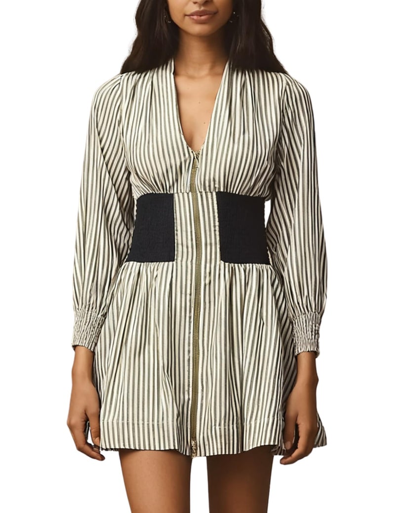 Meyhad Womens Long Sleeve Mini Dress V Neck Smocked Zipper Dress Casual A Line Short Dress with Pockets(1012-StripedWhite-S) - Image 1