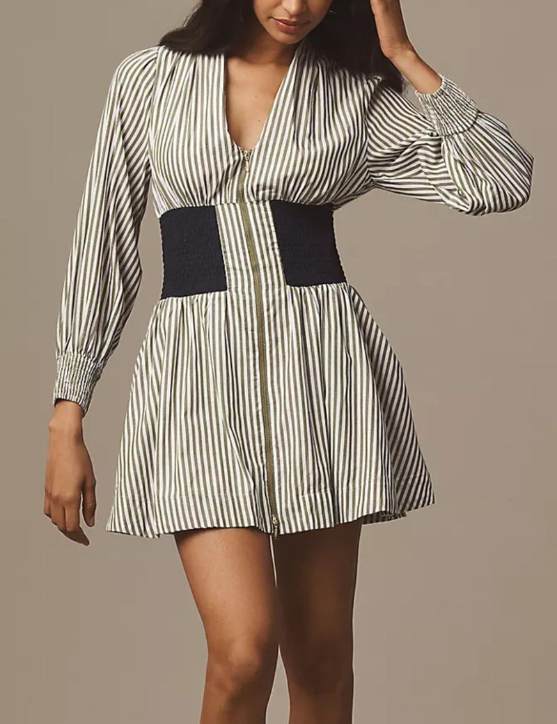 Meyhad Womens Long Sleeve Mini Dress V Neck Smocked Zipper Dress Casual A Line Short Dress with Pockets(1012-StripedWhite-S) - Image 2