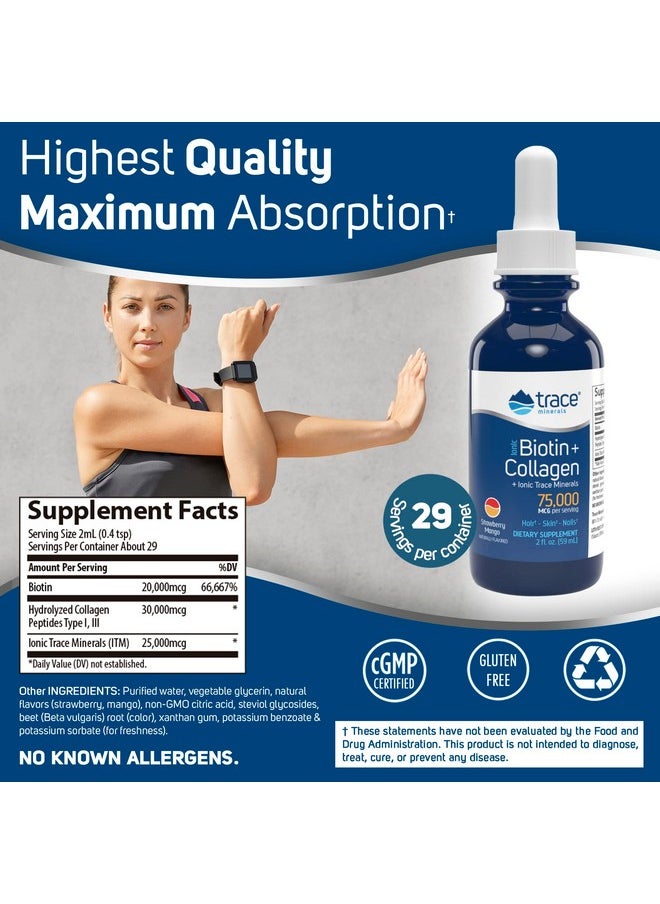 Trace Minerals Trace Minerals | Liquid Ionic Biotin + Collagen (75,000mcg) | Supports Hair, Skin & Nails | Strawberry Mango, Sugar Free | 29 Servings  - Image 3