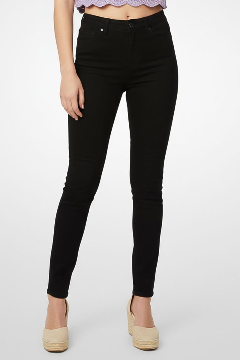 promod Women Regular Fit Solid Straight Leg Pants, Black - Image 1